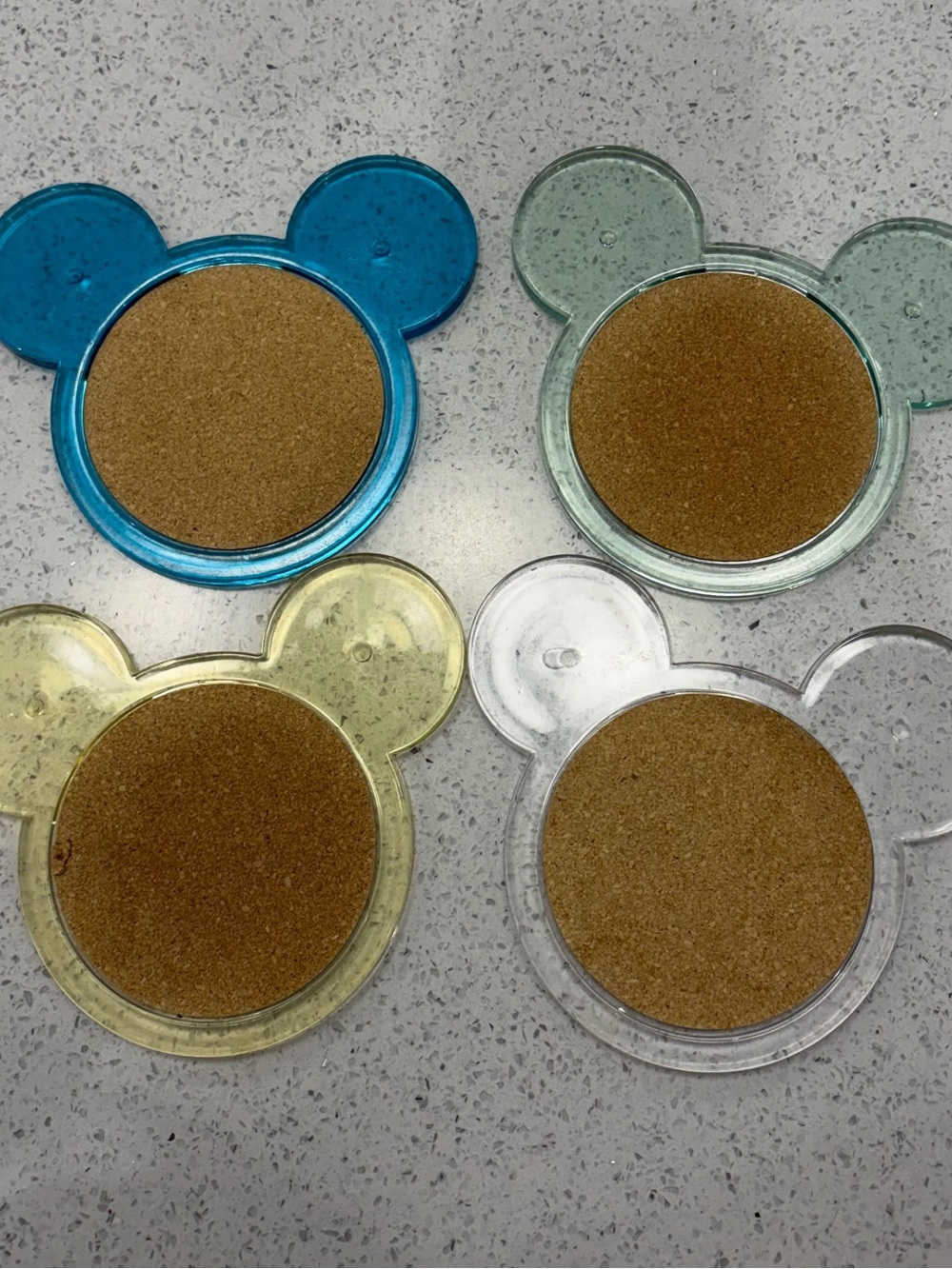 Set of 4 Mickey Ear Cork Coasters - Blue, Green, Yellow, Clear
